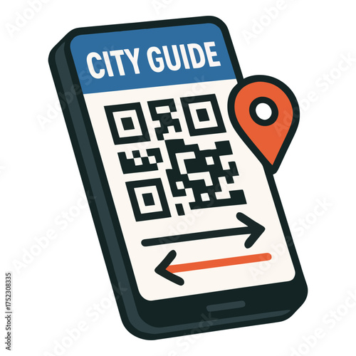 A phone with a city guide app on it. The app has a QR code on it. The app is on a white background. Vector. 