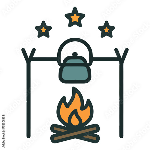 A picture of a pot on a fire with stars in the background. Concept of warmth and comfort. The pot and fire are the main focus of the image. Vector. 