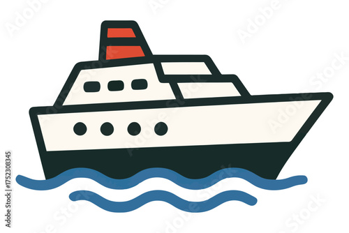 A cartoon boat is floating in the water. The boat is white and red. Vector. 