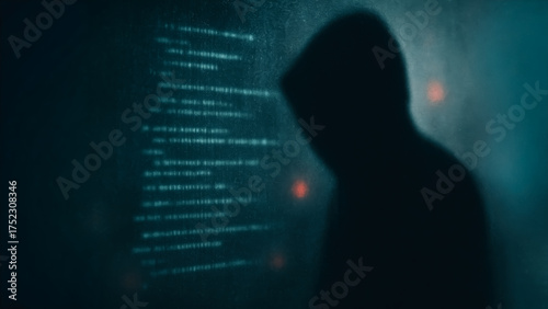 A hooded figure shrouded in darkness, embodying the looming threat of cybercrime and data breaches, with lines of code illuminating the digital world.