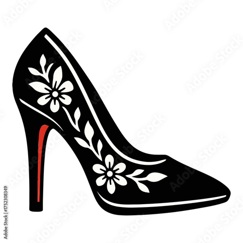 A black and white shoe with white flowers on it. The shoe is tall and has a red heel. Vector. 