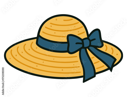 A yellow straw hat with a blue ribbon. The hat is sitting on a white background. Vector. 