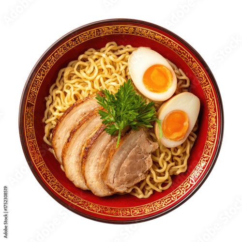 Overhead view of a bowl of ramen with noodles, pork belly, and a halved egg