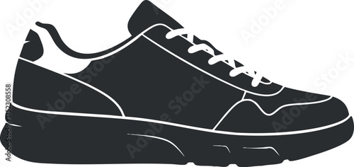 Illustration of a stylish black and white sneaker designed for athletic and casual wear.