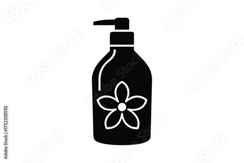 Clean shampoo bottle with a delicate flower on a white background