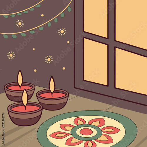 Candle light and bokeh background celebrate Indian Holiday Diwali. 