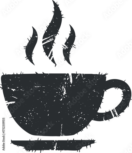 A stylized illustration of a steaming coffee cup on a textured background.
