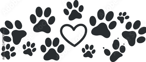 A collection of playful paw prints and a heart symbol representing love for animals.