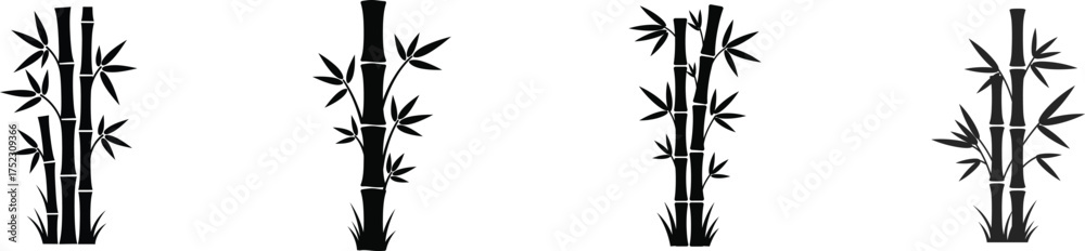 Naklejka premium Four stylized bamboo stalks with delicate leaves in a simple black and white graphic style suitable for decorative accents silhouette