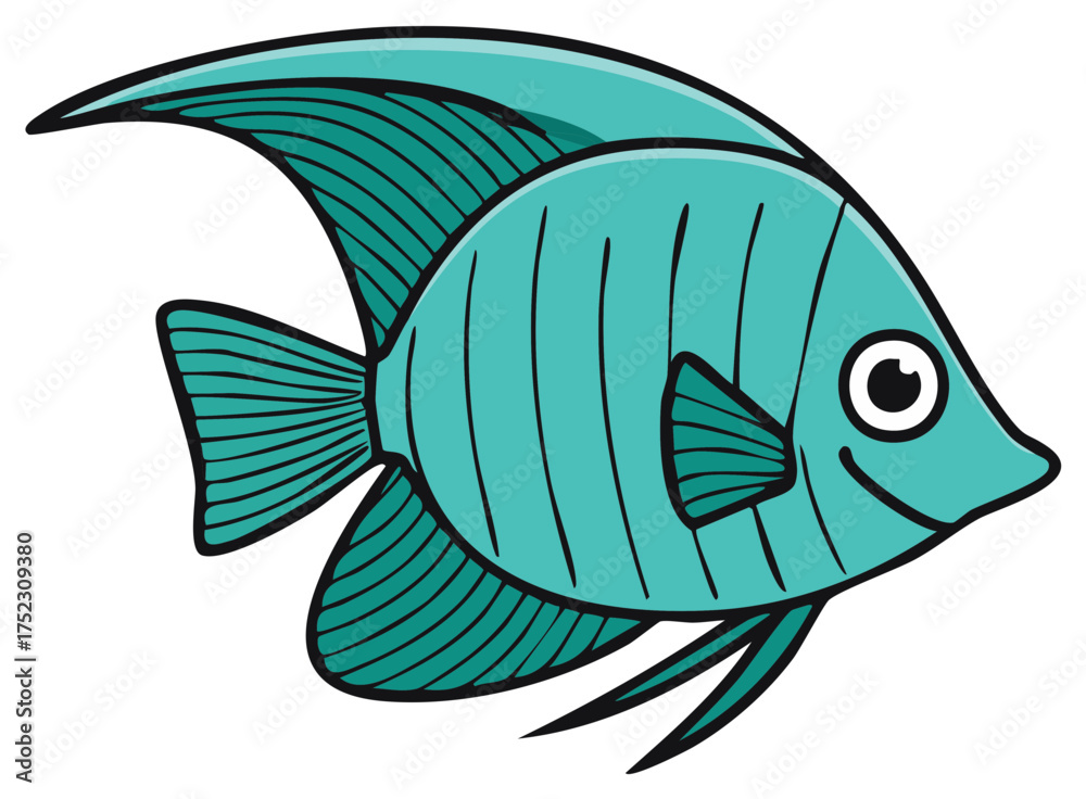 Obraz premium Cute turquoise reef fish swimming with fins and tail, sea creature, ocean life, aquatic animal, vector illustration