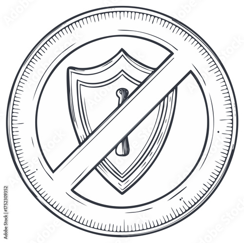 Unprotected security shield with keyhole and ban symbol warning illustration