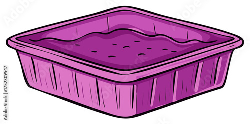 Stylized purple container holding dark liquid, cartoon food item, square shape, illustration design for recipe or cooking blog