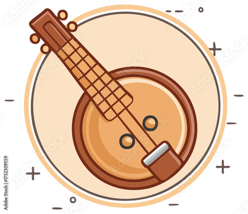 Cartoon Banjo Illustration of a Musical Instrument with Stringed Neck and Circular Sounding Board Graphic