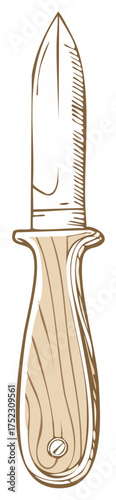 Illustrated oyster knife with wooden handle, outline drawing