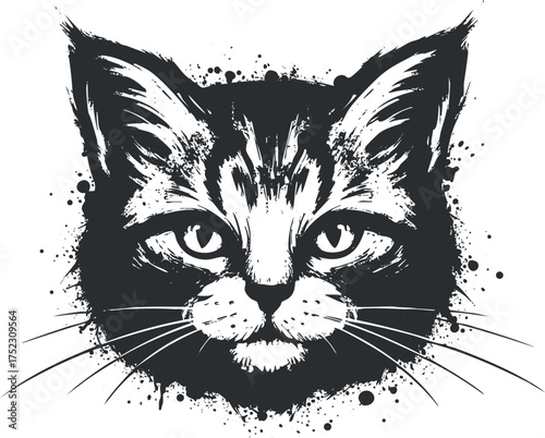 Stylized black and white illustration of a cat's face with striking features and artistic flair