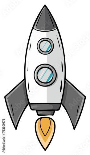 Cartoon rocket ship launching with fire from engine vector illustration