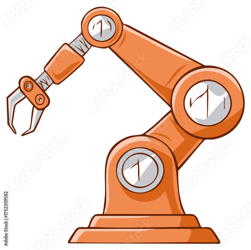 Orange industrial robotic arm with gripper claw cartoon vector illustration