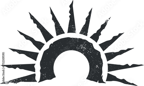 A stylized graphic representation of a sun rising or setting with sharp rays.