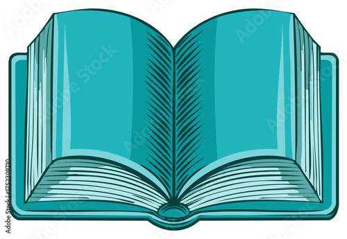 Open Teal Book with Illustrated Pages and Spine Detail