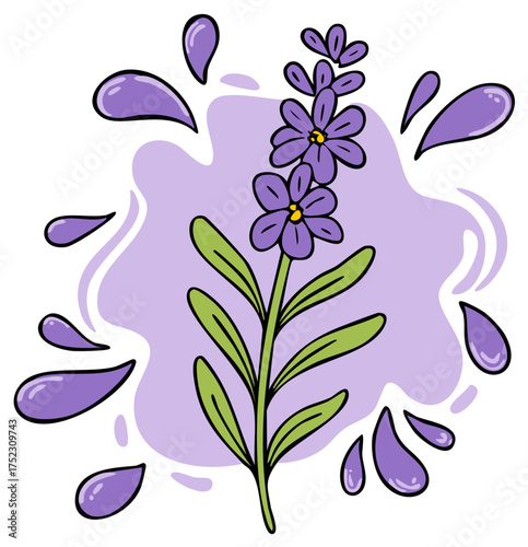 Whimsical cartoon lavender sprig illustration featuring vibrant purple blossoms and abstract design elements
