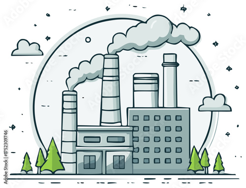 Doodle style gray factory with smoke stacks and green trees in vector illustration depicting environmental issues