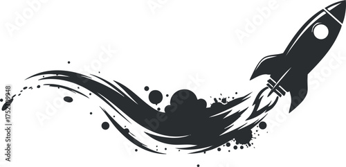 A sleek black rocket launching with dynamic smoke trails symbolizing innovation and adventure.