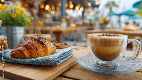Delicious croissant and coffee served at a cozy cafe with vibrant decor, inviting a relaxing breakfast experience.
