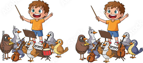 Cartoon boy conducting bird orchestra with musical instruments, spot the difference puzzle, white background, whimsical music illustration