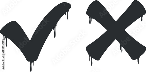 Graphic illustration of a dripping checkmark and cross symbolizing approval and disapproval.