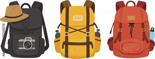 Backpack illustration, travel gear, hiking essentials, photography bag, water bottle, outdoor equipment, adventure pack, camping supplies, flat design, accessory set