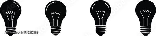 Row of four black incandescent light bulbs in silhouette with glowing filament detail against a for concept of ideas and innovation silhouette