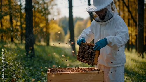 Beekeeper in protective suit inspecting honeycomb frame