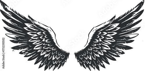 A detailed illustration of angel wings with intricate feather patterns and a black color scheme.