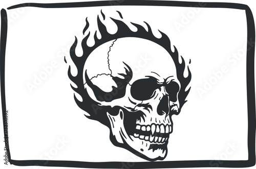 A striking illustration of a skull with flames, perfect for edgy designs and tattoos.