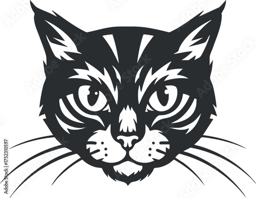 Stylized black and white illustration of a cat's face featuring prominent eyes and whiskers.