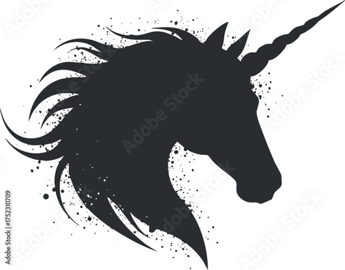 Stylized silhouette of a unicorn head with flowing mane and a magical horn.