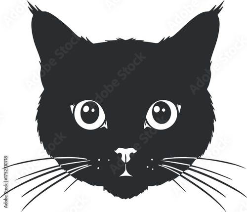 A cute black cat face illustration featuring prominent eyes and whiskers in a minimalist style.