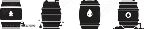 Collection of stylized dark industrial barrels with liquid symbols signifying storage of oil water or other liquids in a flat icon design silhouette