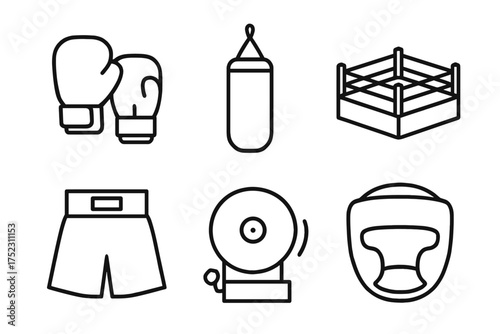 Boxing gear and equipment icons set: gloves, punching bag, ring, shorts, bell, headgear