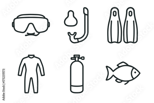Scuba diving equipment icons: mask, snorkel, fins, suit, tank, fish