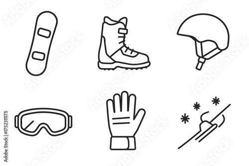 Essential snowboarding gear: board, boots, helmet, goggles, gloves, ski pole icon set