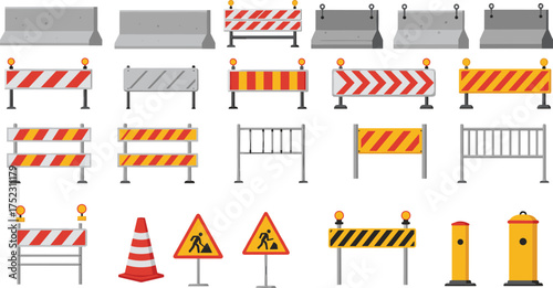 Construction barriers, road safety, traffic signs, vector illustration, warning symbols, barricades, cones