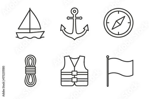 Nautical line icons: sailboat, anchor, compass, rope, life vest, flag