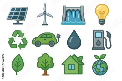 Renewable energy and environmental sustainability icons featuring solar, wind, hydro, and recycling