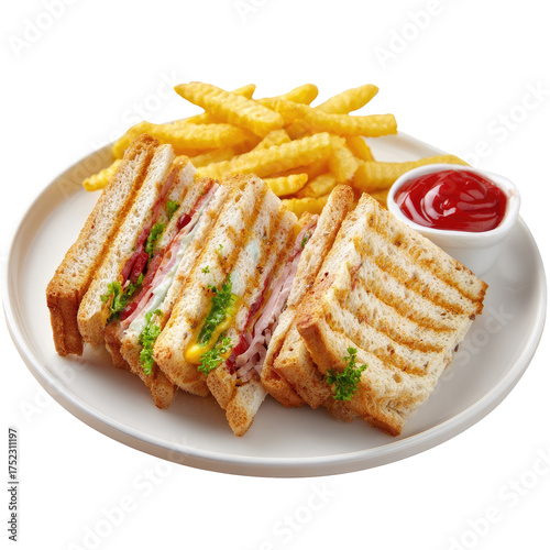 Grilled club sandwich with fries and ketchup