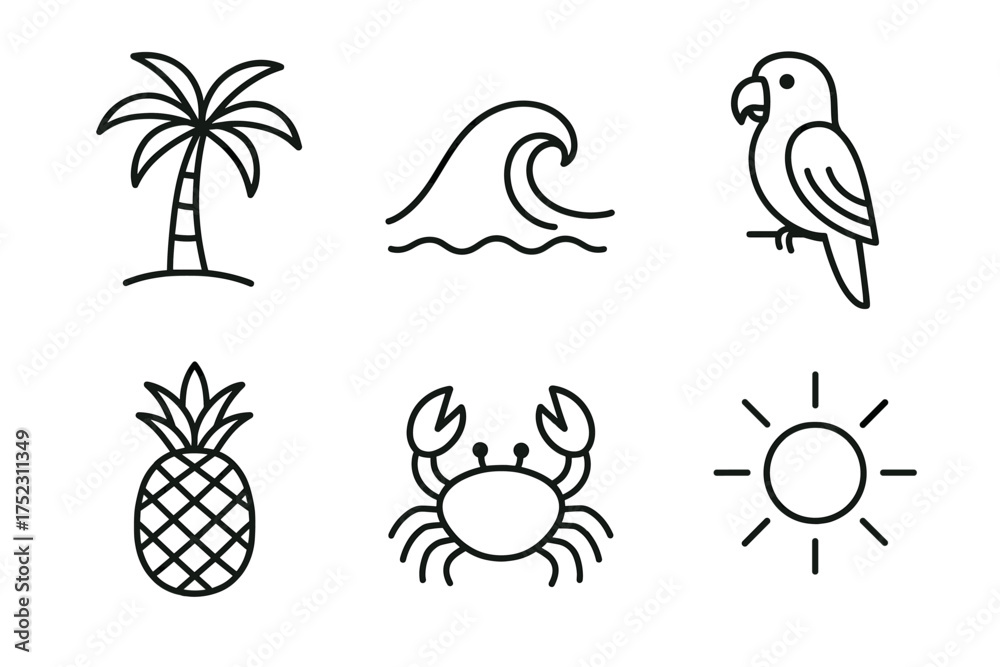 Fototapeta premium Tropical icons collection: palm tree, wave, parrot, pineapple, crab, sun designs