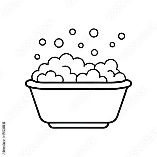 Minimalist Line Art of Bubble-Filled Bathtub – Black and White Hygiene and Relaxation Illustration for Bathroom Design, Sanitation, and Personal Care