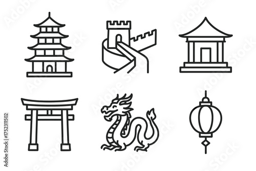 Minimalist icons of asian architecture and culture featuring pagodas and dragons