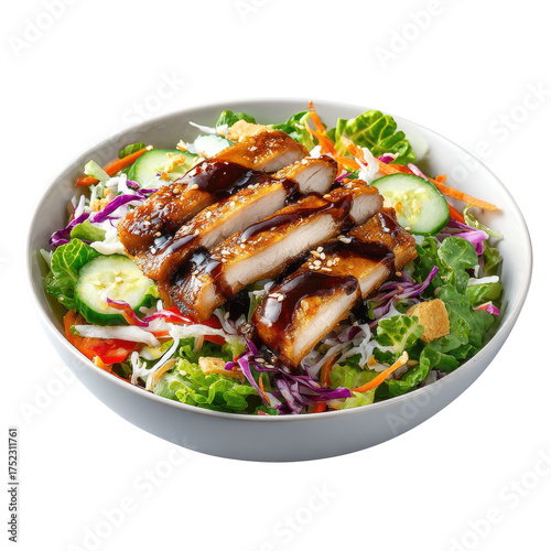 A fresh bowl of salad topped with glazed chicken and vegetables