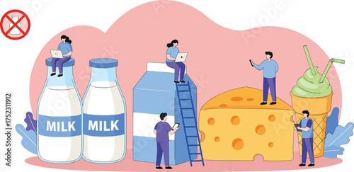 Dairy products illustration, milk bottle, cheese wedge, ice cream cone, lactose free, people interacting, healthy lifestyle, nutrition, food concept